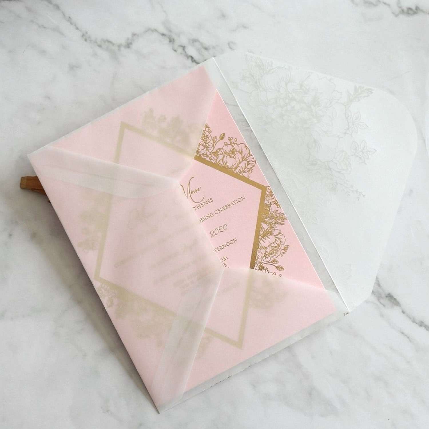 Foil Printing Pink Card with Vellum Paper Envelope Customized Content